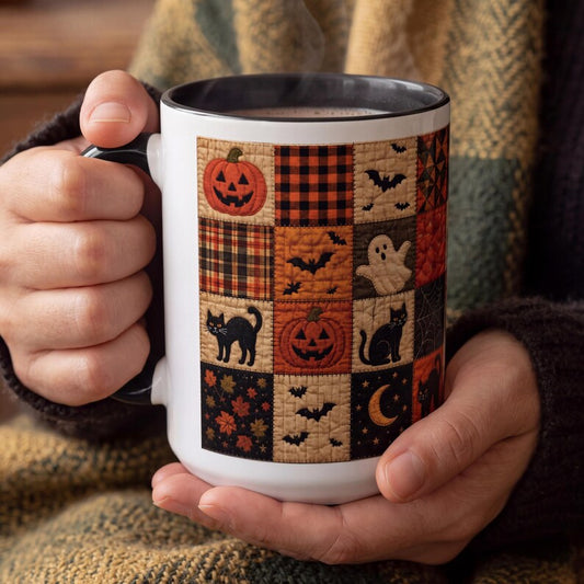 Halloween Faux Patchwork Mug, Jack O Lantern Quilt Print Mug, Spooky Cottagecore Coffee Mug, Ghost Cat Bat Mug, Halloween Gift Mug