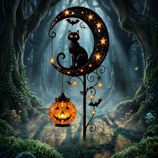 Halloween Black Cat Moon Garden Stake Light, Solar Metal Pumpkin Yard Sign (33.5" Tall)