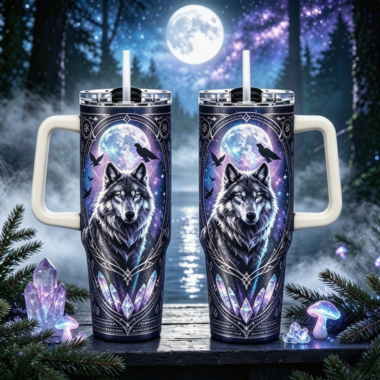 Mystic Wolf Moon 40oz Tumbler With Handle, Gothic Raven Crystal Starry Sky Print Stainless Steel Travel Mug,1PC Christmas Gift Wolf Beaver