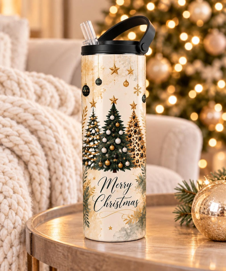 20 oz Stainless Steel Christmas Tumbler, Leopard Tree Design