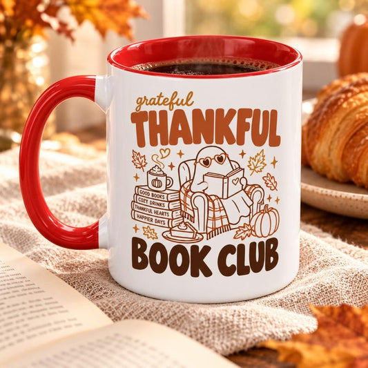 thanksgiving book club mug, grateful thankful coffee cup, fall book lover mug, cozy autumn reading mug, 11oz 15oz gift for her