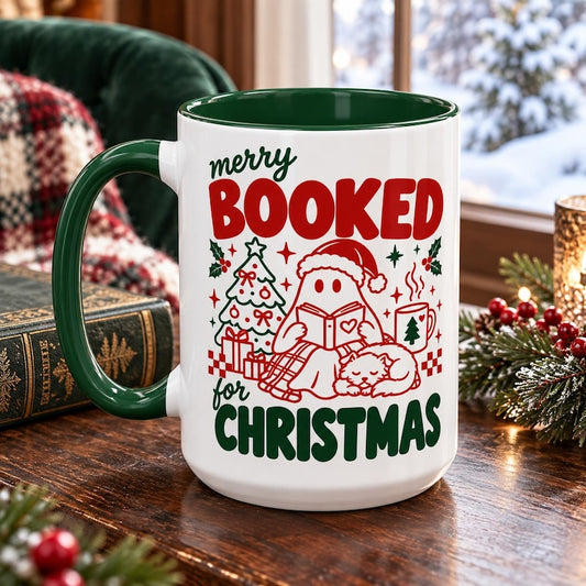 Merry Booked for Christmas Mug, Christmas Book Lover Mug, Cat Lover Coffee Cup, Reader Gift, Holiday Mug 11oz 15oz
