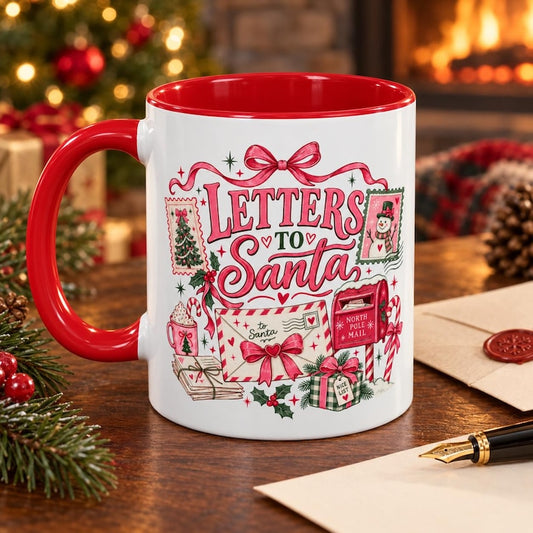 letters to santa mug, christmas coffee cup, santa mail holiday mug, north pole mailbox mug, coquette bow christmas gift for her