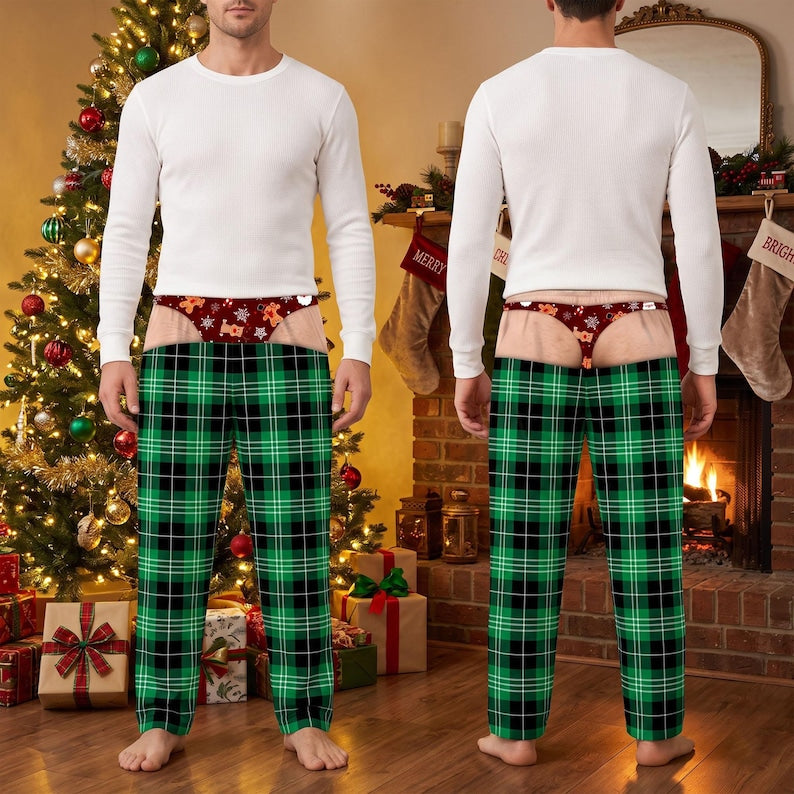 Custom Funny Men's Christmas Pajamas Pants, Fake Underwear Illusion Plaid Bottoms, Ugly Christmas Gift for Husband, Holiday Party Outfit