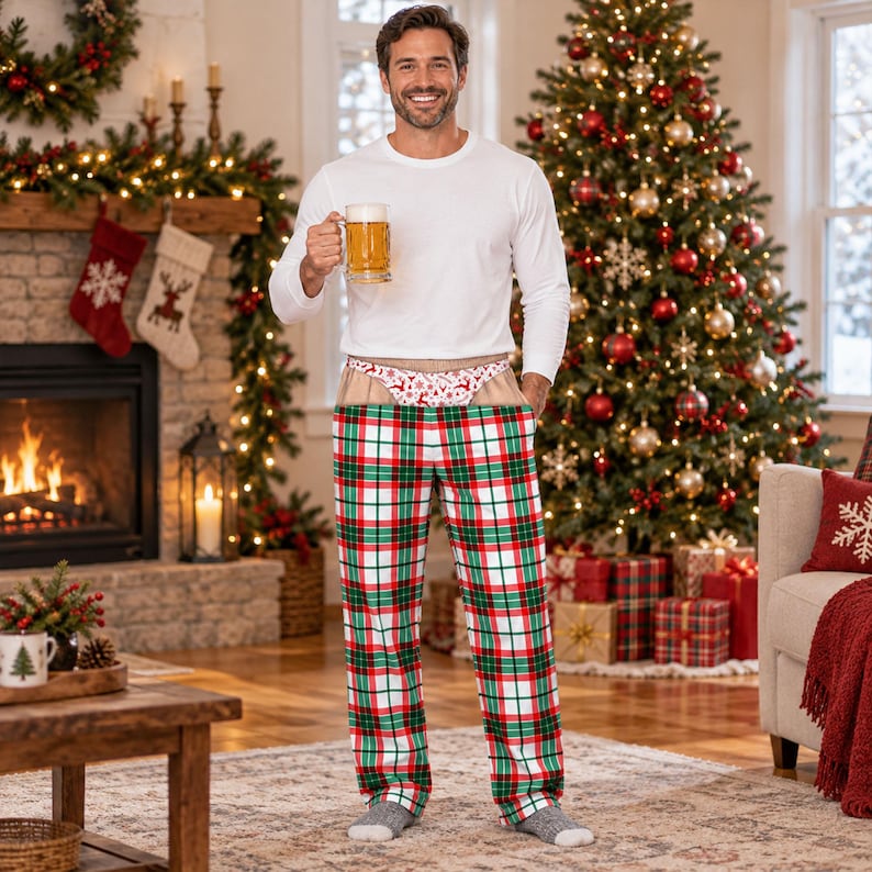 Custom Funny Men's Christmas Pajamas Pants, Fake Underwear Illusion Plaid Bottoms, Ugly Christmas Gift for Husband, Holiday Party Outfit