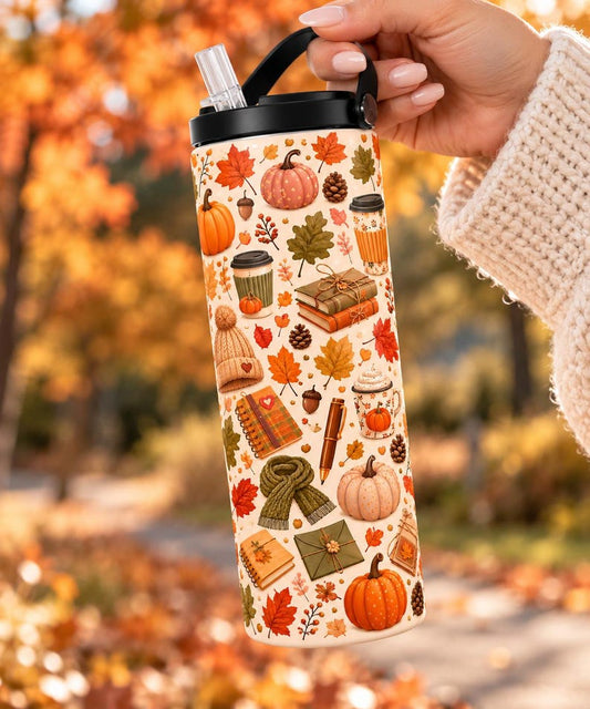 20oz Stainless Steel Fall Tumbler, Pumpkin Leaves Coffee Cup (Straw Included)