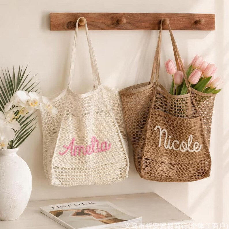 Personalized Crochet Beach Tote Bag, Custom Name Bridesmaid Gift, Wedding Welcome Bag, Custom Name Summer Bag, Luxury Summer Tote