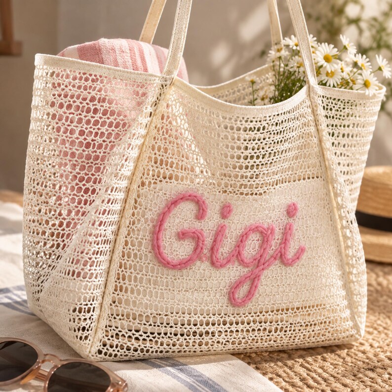 Personalized Crochet Beach Tote Bag, Custom Name Bridesmaid Gift, Wedding Welcome Bag, Custom Name Summer Bag, Luxury Summer Tote