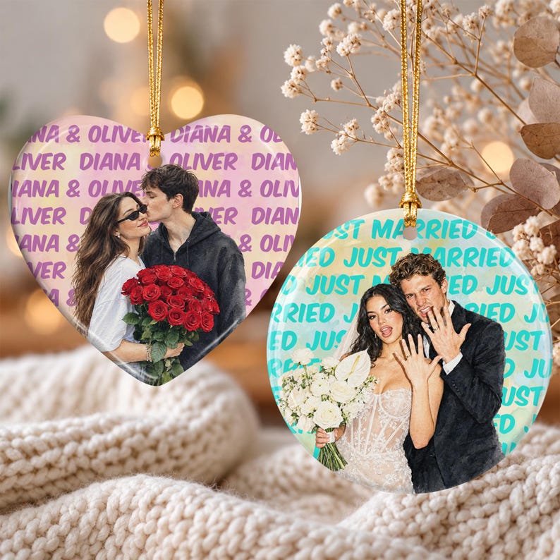 Engagement Ceramic Ornament, Personalized Watercolor Photo Wedding Gift, Newlywed Keepsake, Engaged Gift For Couples, Christmas Tree Decor