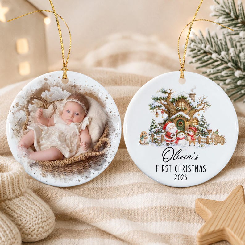 Personalized Baby Photo First Christmas Ornament, Santa Reindeer Winter Forest Double Sides Ceramic