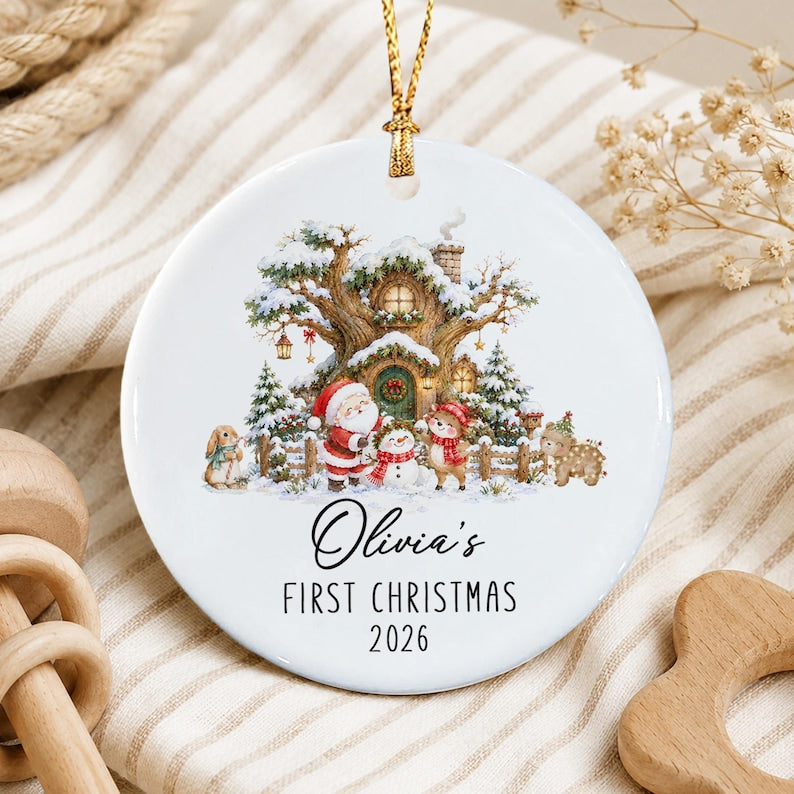 Personalized Baby Photo First Christmas Ornament, Santa Reindeer Winter Forest Double Sides Ceramic
