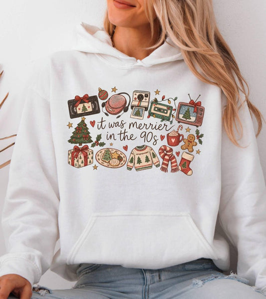 90s Christmas Hoodie It Was Merrier In The 90's, Cozy Xmas Holiday Hoodie Winter Gift for Her