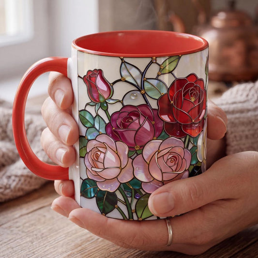 June Birth Flower Mug, Stained Glass Rose & Honeysuckle Mug, June Birthday Gift, Floral Coffee Mug, Jewel Tone Flower Mug