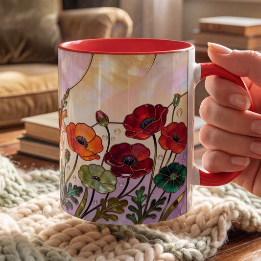 August Birth Flower Mug, Stained Glass Gladiolus & Poppy Mug, August Birthday Gift, Floral Coffee Mug, Jewel Tone Flower Mug