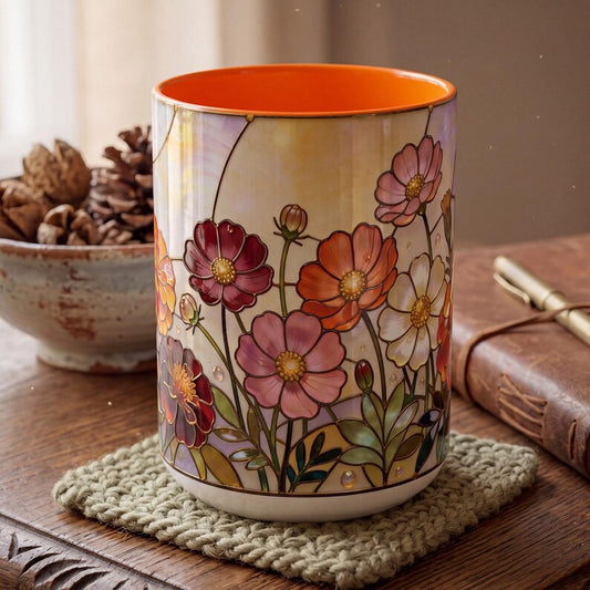 October Birth Flower Mug, Stained Glass Marigold & Cosmos Mug, October Birthday Gift, Floral Coffee Mug, Jewel Tone Flower Mug