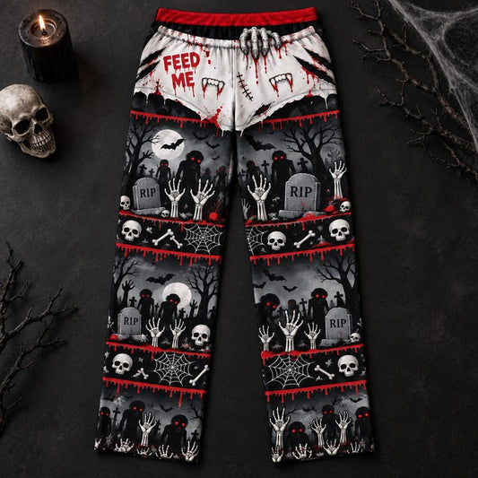 Skeleton Halloween Pajama Pants, Graveyard Print Spooky Lounge Sleepwear