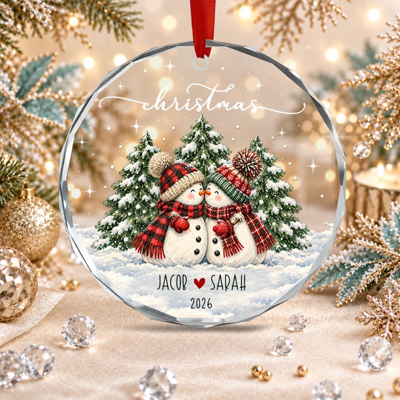 Personalized Couple Name Glass Ornament, Vintage Snowman Christmas Tree Keepsake