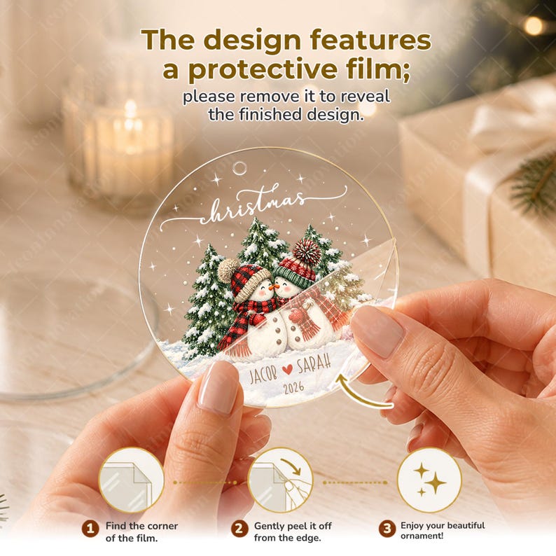 Personalized Couple Name Glass Ornament, Vintage Snowman Christmas Tree Keepsake