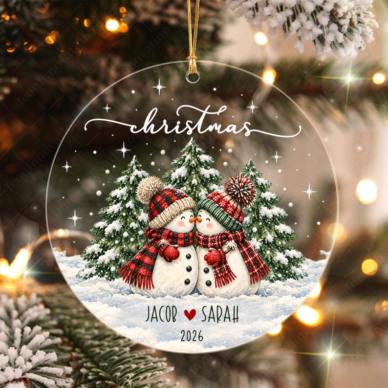 Personalized Couple Name Glass Ornament, Vintage Snowman Christmas Tree Keepsake