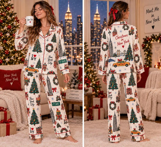Women’s Christmas in New York Satin Pajama Set, NYC Holiday Tree , Empire State Building Print, Short & Long Sleeve Sleepwear