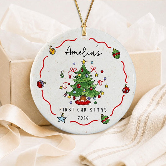 Personalized Baby's First Christmas Ornament, Newborn Name Whimsical Pine Tree Keepsake