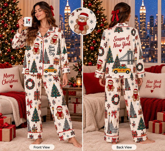New York Christmas Pajamas, NYC Teddy Bear Holiday PJs, Christmas Sleepwear, Short and Long Sleeve, Women's Christmas Pajama Set