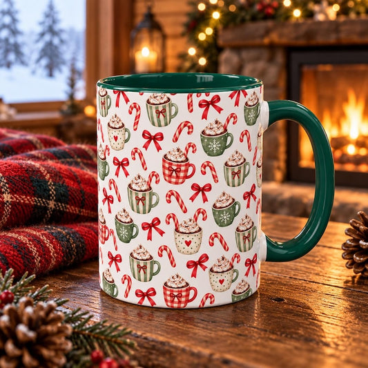 Christmas hot cocoa mug, festive holiday coffee cup, candy cane bow mug, cozy winter accent mug, 11oz 15oz gift for her