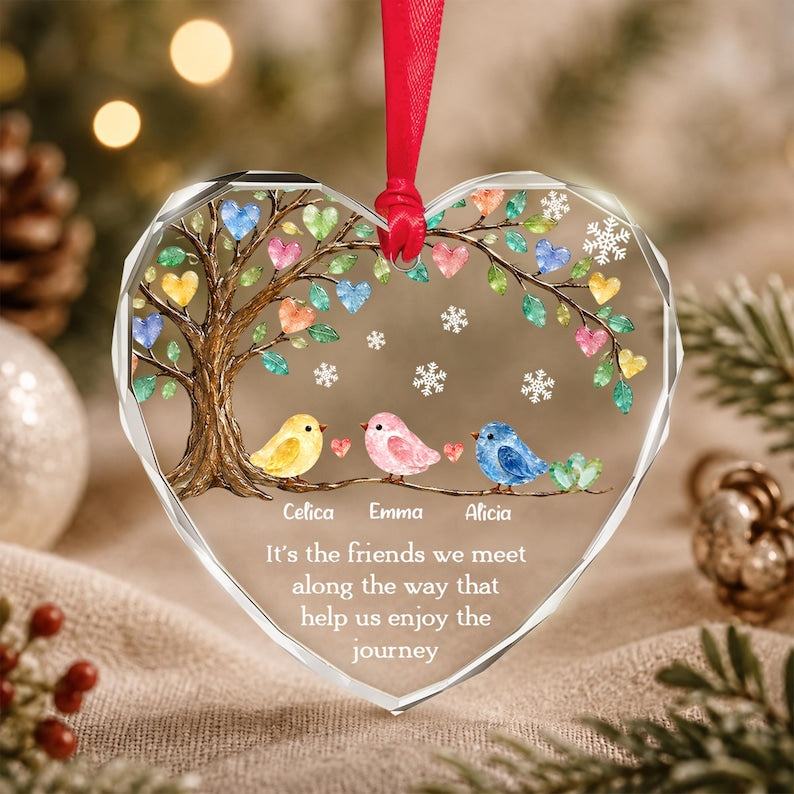 Personalized Friend Ornament, Friendship Keepsake Sea Glass Birds Art Heart
