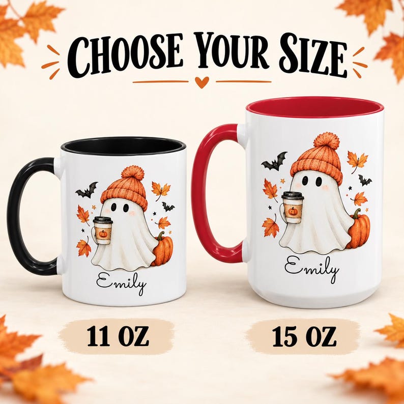 Personalized fall ghost mug, custom name pumpkin spice coffee cup, cute halloween accent mug, cozy autumn gift for her