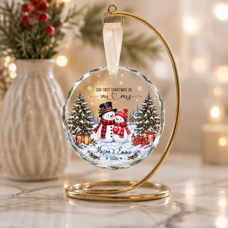 Our First Christmas Ornament, Kissing Snowman Ceramic Ornament, Engaged Married Keepsake, Custom Couple Name Wedding Gift For Newlyweds