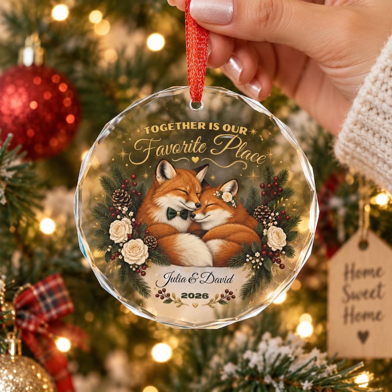 Personalized Couple Christmas Ornament Fox Couple Gift Custom Names and Year Romantic Keepsake Crystal Glass Ornament with Gift Box