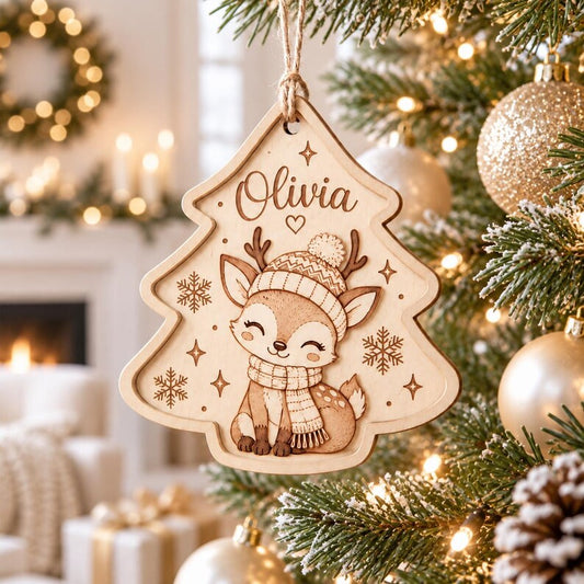 Personalized Deer Christmas Ornament, Custom Name Wooden Ornament, Woodland Reindeer Christmas Tree Decor, Kids Holiday Keepsake