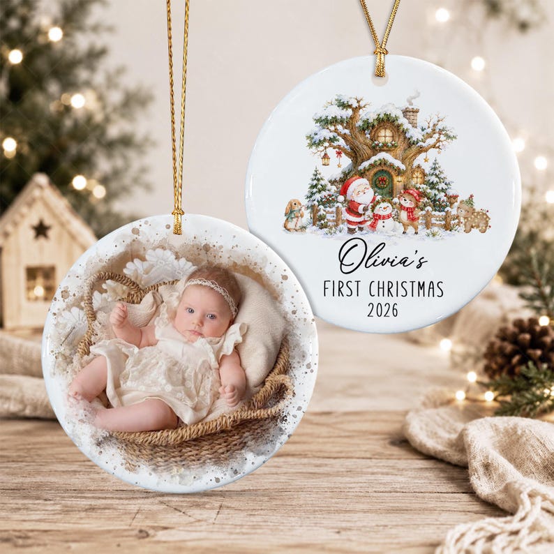Personalized Baby Photo First Christmas Ornament, Santa Reindeer Winter Forest Double Sides Ceramic
