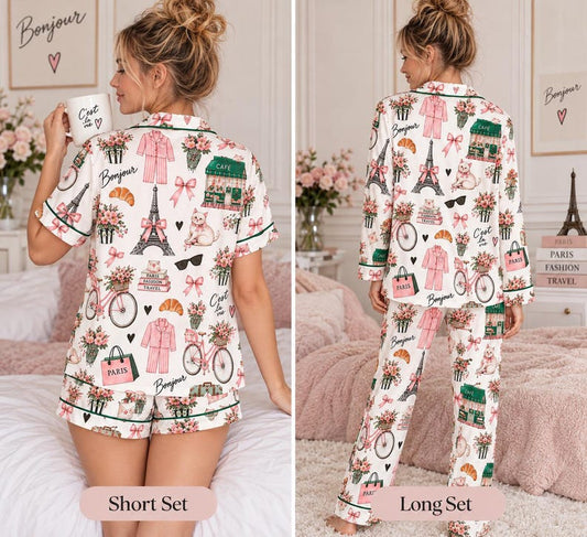 Paris Pajama Set for Women, French Inspired Pajamas, Short and Long Sleeve Sleepwear, Pink Bow Floral Pajamas, Cute Gift for Her