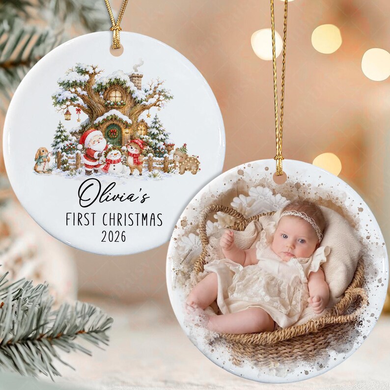 Personalized Baby Photo First Christmas Ornament, Santa Reindeer Winter Forest Double Sides Ceramic