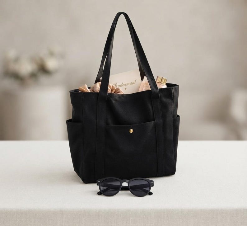 Personalized Embroidered Canvas Tote Bag, Multi-Pocket Utility Shoulder Bag (Bridesmaid Gift)