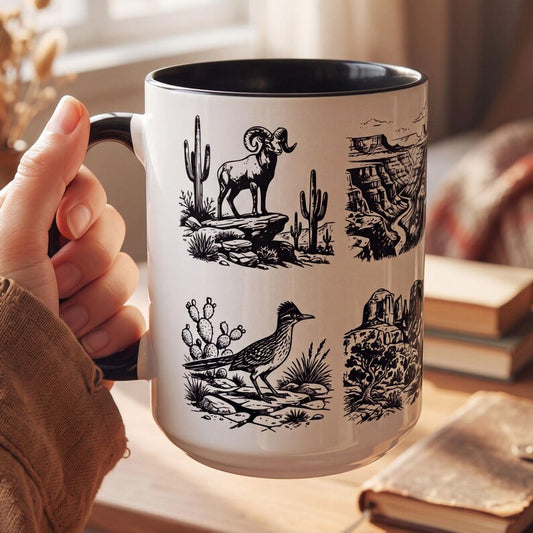 Arizona Nature Mug, Wildlife Sketch Coffee Mug, Bighorn Sheep Coyote Roadrunner Mug, Grand Canyon Gift, Hiker Gift, Southwest Cup