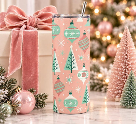 Retro Christmas Tumbler, Pink Mint Ornament Cup, 20oz Skinny Tumbler (Sublimation Design)