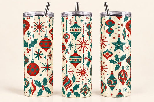 Retro Christmas Tumbler, 20 oz Stainless Steel Skinny Cup, Red Teal Holiday Ornament Design