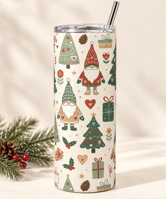Scandinavian Christmas Gnome Tumbler, 20oz Stainless Steel Skinny Cup (Sublimation Design)
