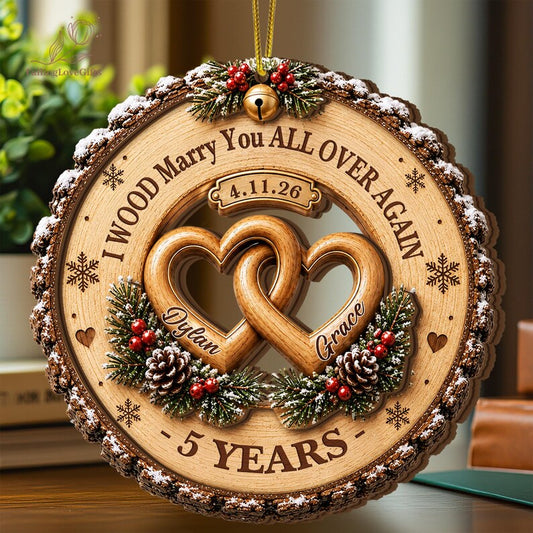 Wood Anniversary Wedding 2Layer Ornament, Custom 5th Anniversary Wooden Ornament, 5 Years Married Keepsake, 5th Anniversary Gift for Couples