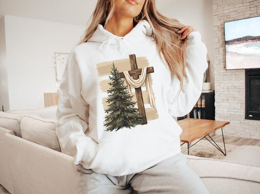 Christian Faith Christmas Hoodie, Wooden Cross Christmas Tree Hoodie, Religious Xmas Holiday Graphic Pullover, Jesus Christmas Top