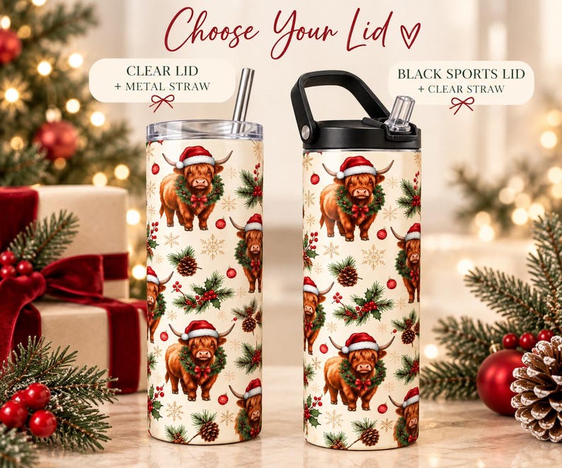 Highland Cow Christmas Tumbler, 20 oz Skinny Tumbler, Christmas Cow Cup, Highland Cow