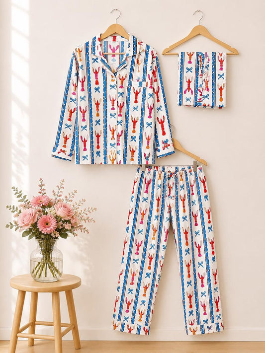 Women Cotton Sleepwear, Block Print PJs, Long Sleeve Loungewear, Boho Nightwear, Gift for Her