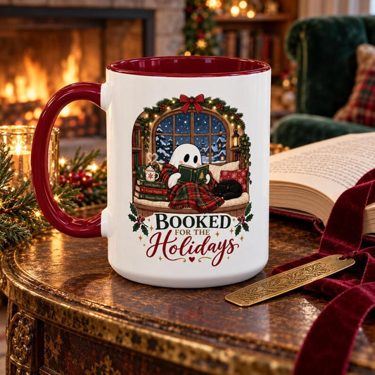 Booked for the holidays mug, christmas book lover coffee cup, ghost cat winter mug, cozy holiday reader gift, 11oz 15oz