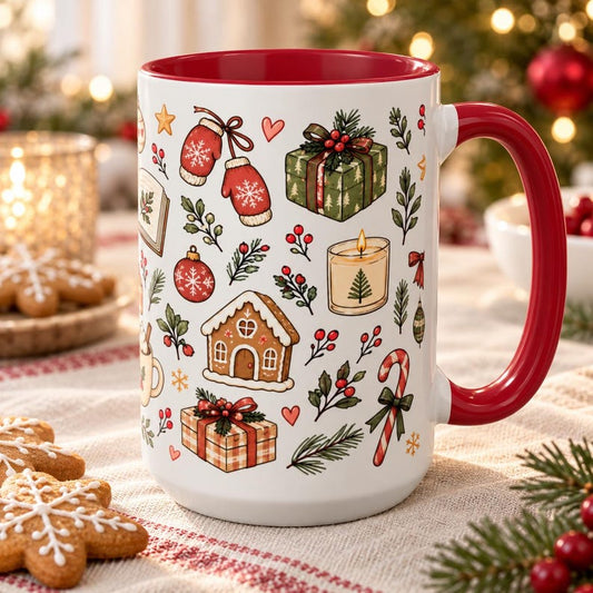 Christmas book lover mug, cozy holiday pattern coffee cup, hot cocoa winter mug, festive christmas accent mug, 11oz 15oz