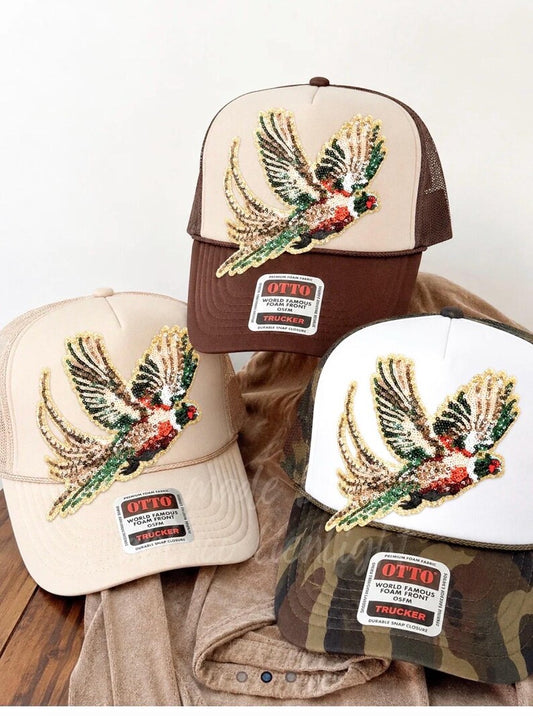 Sequin Duck Trucker Hat Custom Colors - Vintage Style Camo Hat Unisex - Pheasant and Buck