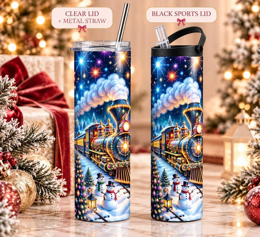 Christmas Train Tumbler, 20 oz Skinny Cup, Snowman Scene