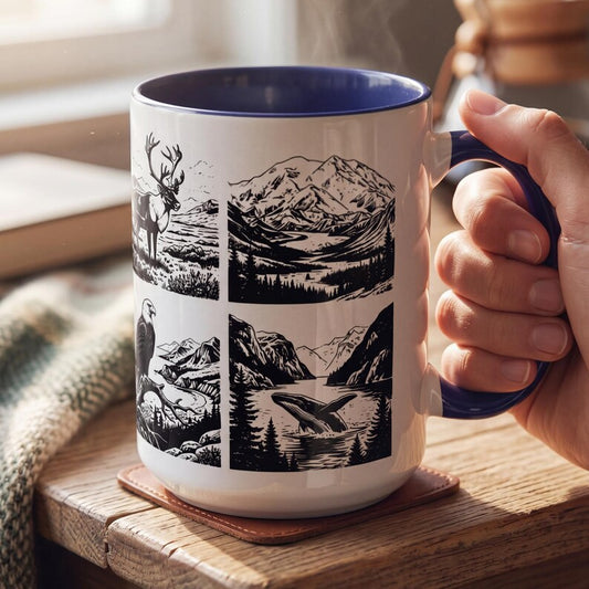 Alaska Wildlife Mug, Bear Moose Eagle Caribou Coffee Mug, National Park Gift, Nature Lover Gift, Outdoorsy Cabin Mug