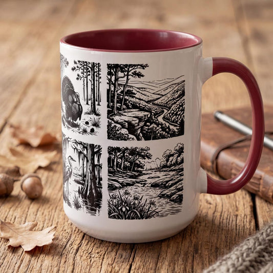 Alabama Nature Mug, Wildlife Sketch Coffee Mug, Deer Turkey Alligator Heron Mug, Southern Outdoor Gift, Hiker Gift, Nature Lover Cup